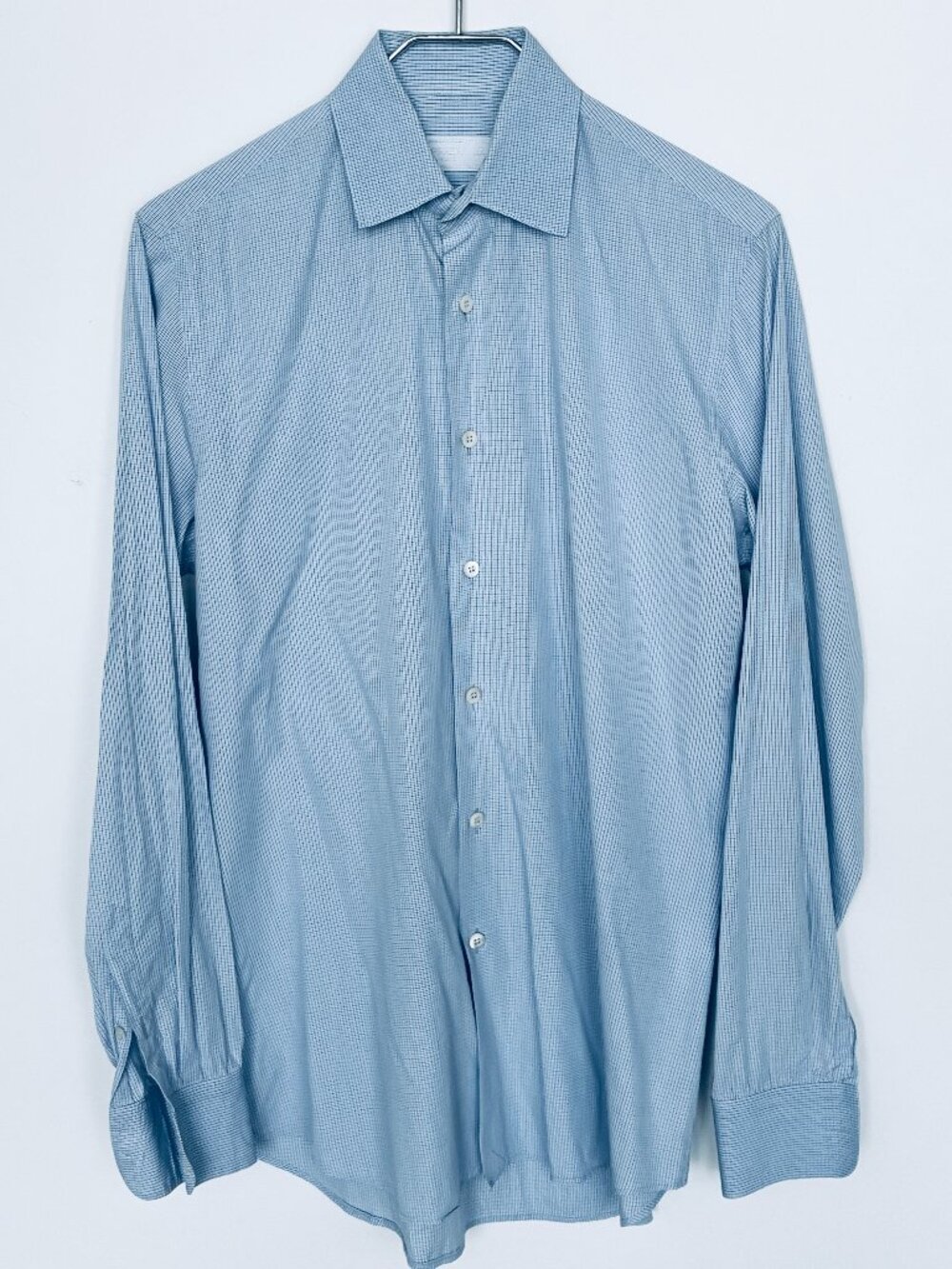 PRADA men's dress shirt, size 15.5" / 39cm, white and blue check micro-plaid